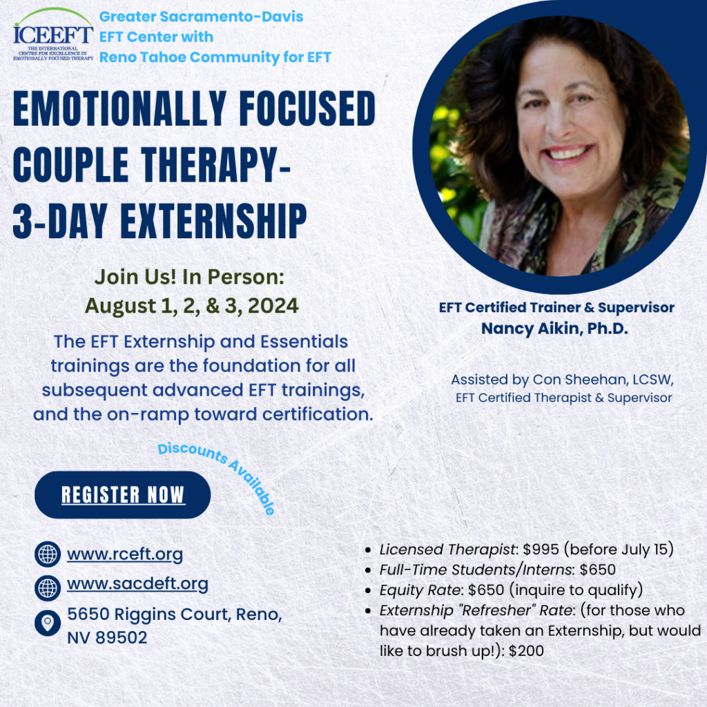 Learn EFT in Reno, August, 2024. EFT Externship live in Reno. Announcement for Therapist CE